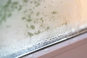 Condensation on a window and windowsill, illustrating the effects of high indoor humidity