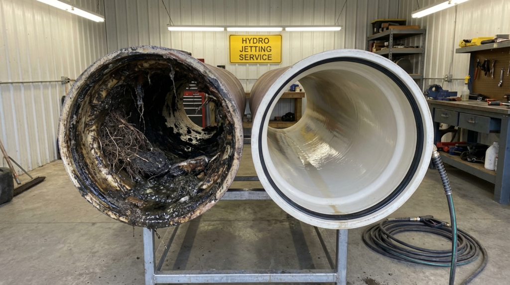 Two large pipes on display; one is clogged and dirty with debris inside, while the other is clean and smooth. A "Hydro Jetting Service" sign is visible in the background.