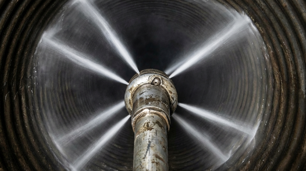 Close-up of an industrial pipe cleaning nozzle spraying water jets radially to clean the interior surface of a cylindrical pipe.