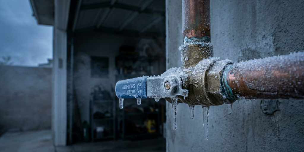 Close-up of a frozen outdoor water shut-off valve and copper pipe with icicles, mounted on a wall near an open garage.
