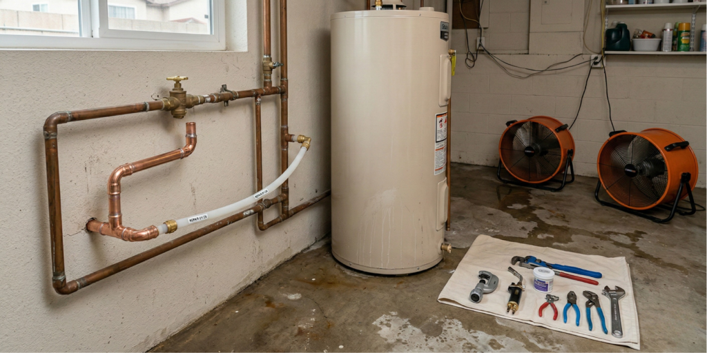 Water heater in a basement next to exposed copper pipes, two orange fans, and various plumbing tools and fittings laid out on a white cloth.