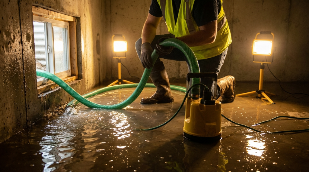 A worker in safety gear uses a pump to remove water from a flooded basement, illuminated by two portable work lights.