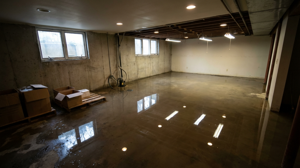 A partially finished basement with water on the floor, visible ceiling pipes, boxes on pallets, and concrete walls illuminated by ceiling lights.