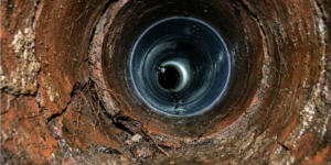 Close-up view looking down the inside of a round, old, rusted metal pipe with some debris and roots visible around the edges.
