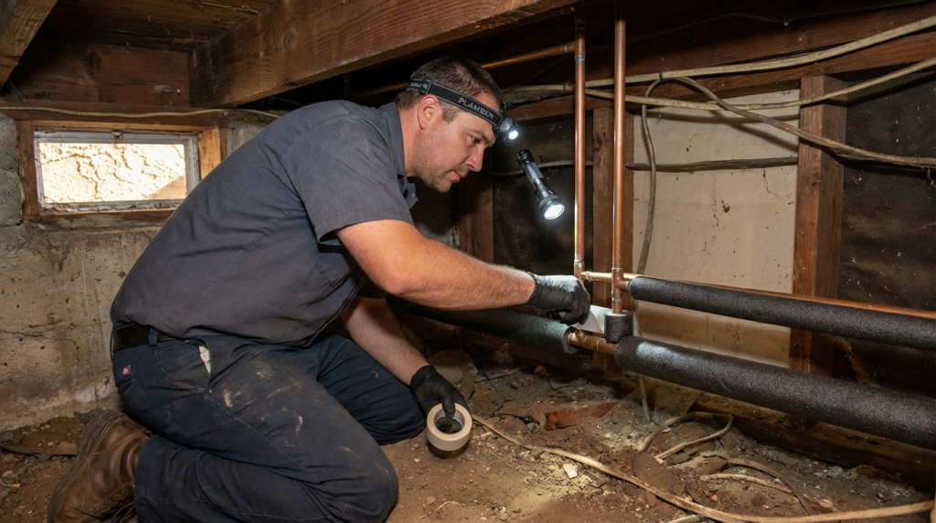 A plumber wearing a headlamp works on pipes in a crawl space, using tape to insulate them.
