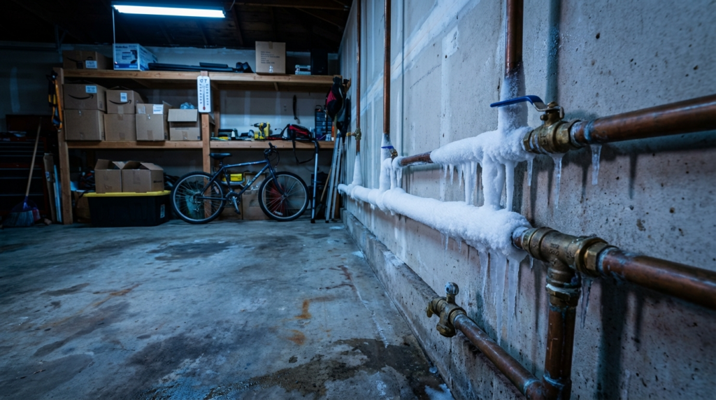A garage with shelves, a bicycle, and copper pipes on the wall covered in frost and icicles, indicating frozen plumbing.