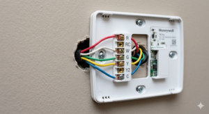 A close-up of a thermostat wiring panel mounted on a wall, showing labeled terminals and connected colored wires.