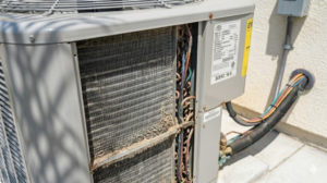 Outdoor air conditioning unit with a dirty condenser coil and exposed wiring next to a building wall.