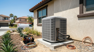 An air conditioning unit installed outside a house with HVAC tools and cables on the ground nearby, in a suburban neighborhood.