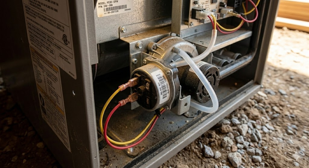 Close-up view of the internal components and wiring of an HVAC unit placed on a gravel surface outdoors.