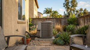 An outdoor air conditioning unit sits on a concrete pad surrounded by plants and gravel in a backyard next to a house. Two chairs face the unit.