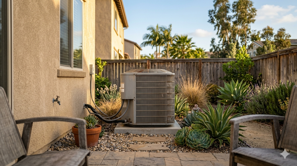 An outdoor air conditioning unit sits on a concrete pad surrounded by plants and gravel in a backyard next to a house. Two chairs face the unit.