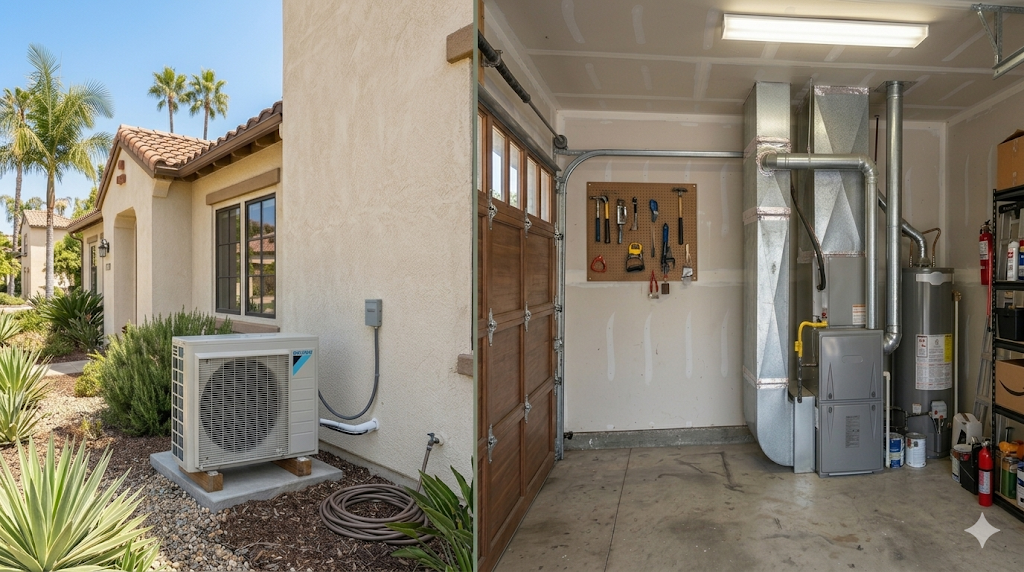 Side-by-side view of a home's exterior with an air conditioning unit and the interior of a garage with HVAC equipment, tools, and storage shelves.