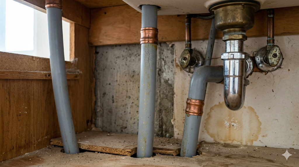 Plumbing pipes with copper fittings under a sink, set against a wooden and concrete wall, with visible water stains and an exposed area in the cabinet floor.