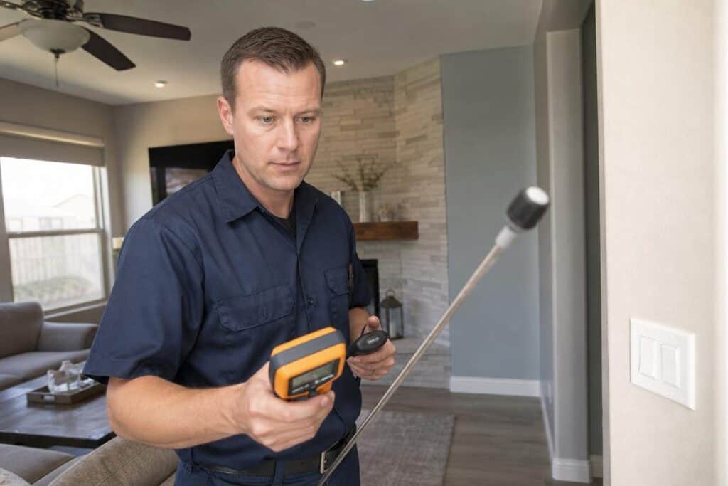 Man in navy uniform uses handheld device with probe to inspect a wall in a modern living room.