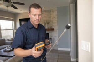 Man in navy uniform uses handheld device with probe to inspect a wall in a modern living room.
