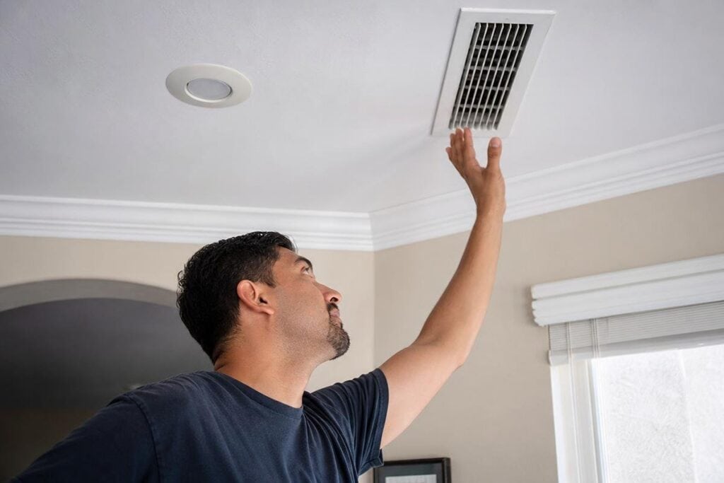 A man standing indoors reaches up to inspect or feel air coming from a ceiling vent in a room with white crown molding.