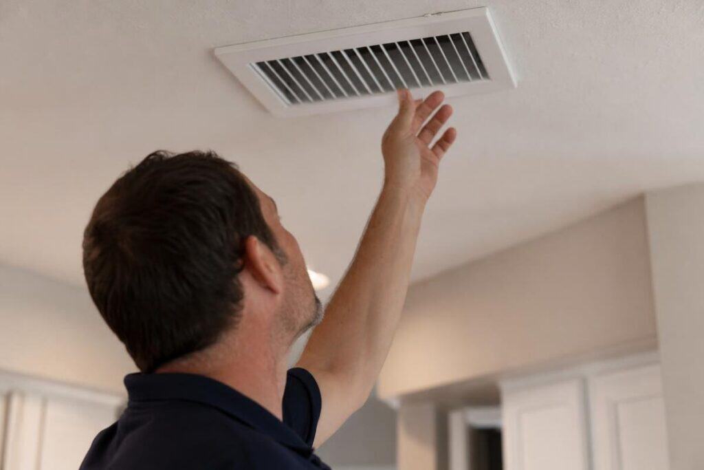 A person stands indoors reaching up to adjust or inspect a ceiling air vent in a brightly lit room.