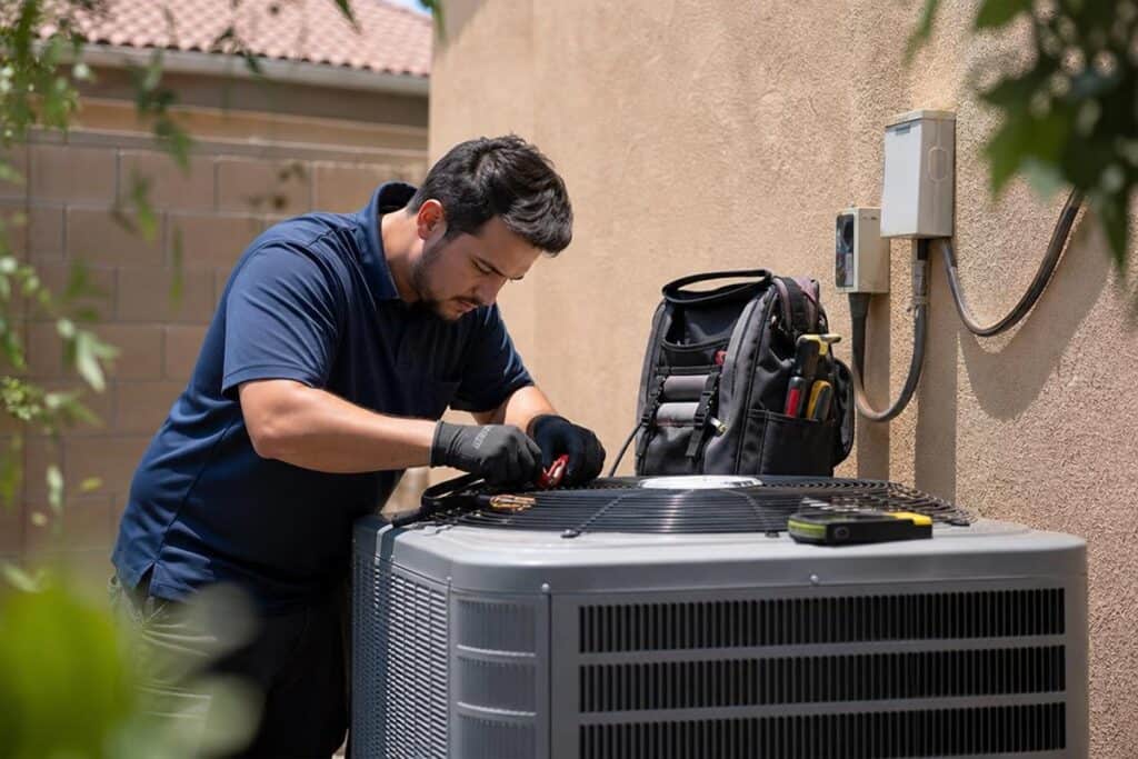 A technician in a navy shirt repairs an outdoor air conditioning unit beside a tan building, with a tool bag on top of the unit.
