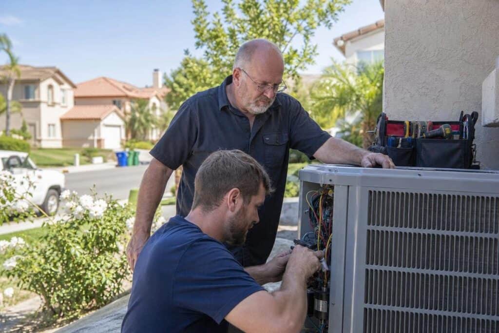 Two men examine and repair an outdoor air conditioning unit near a house. One man is kneeling and working on the unit while the other stands beside him, overseeing the process.