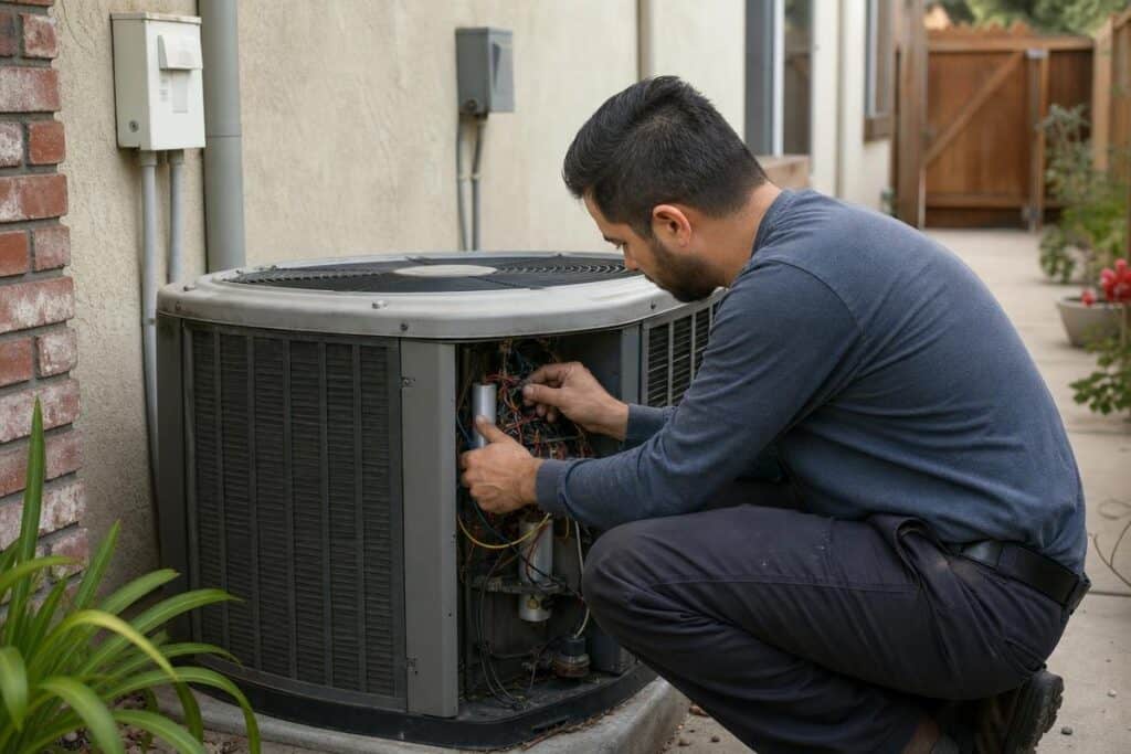A man crouches next to an outdoor air conditioning unit, working on exposed wires inside the panel.