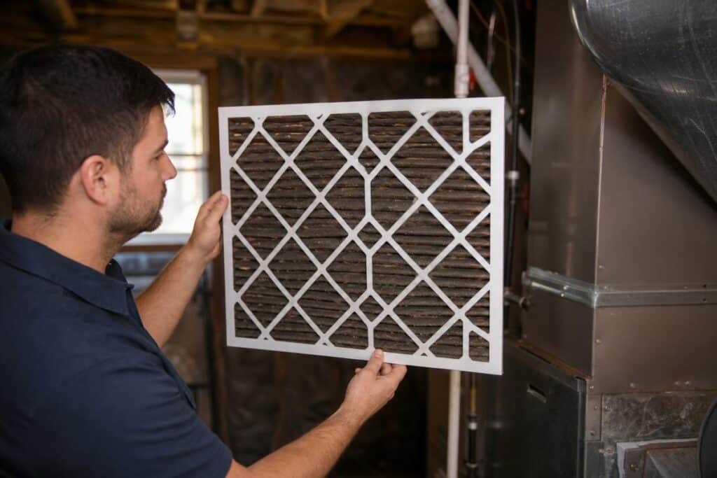 A man holds a clean air filter next to a dirty air filter in a basement, preparing to replace the filter in an HVAC system.