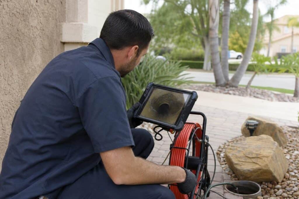 A worker in dark clothing inspects a drainpipe using a camera and monitor outdoors near a building, surrounded by rocks and plants.