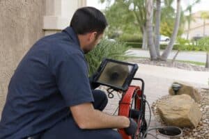 A worker in dark clothing inspects a drainpipe using a camera and monitor outdoors near a building, surrounded by rocks and plants.