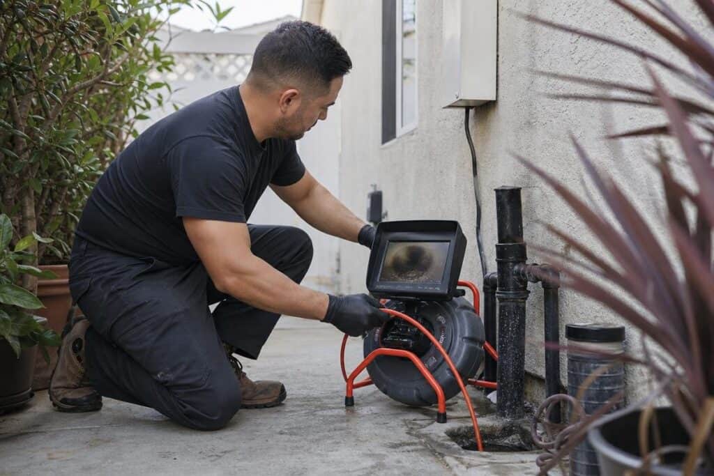 A man in work clothes uses a pipe inspection camera to examine plumbing outside a building, viewing the monitor while kneeling on a concrete surface.