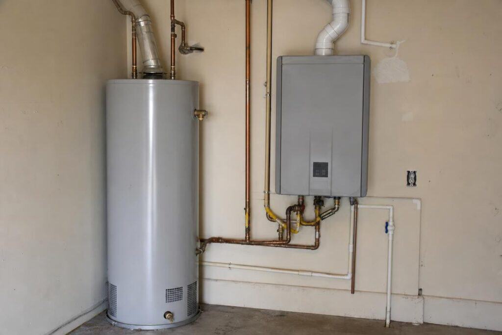 A traditional water heater sits next to a tankless water heater mounted on the wall in a utility room with exposed pipes.