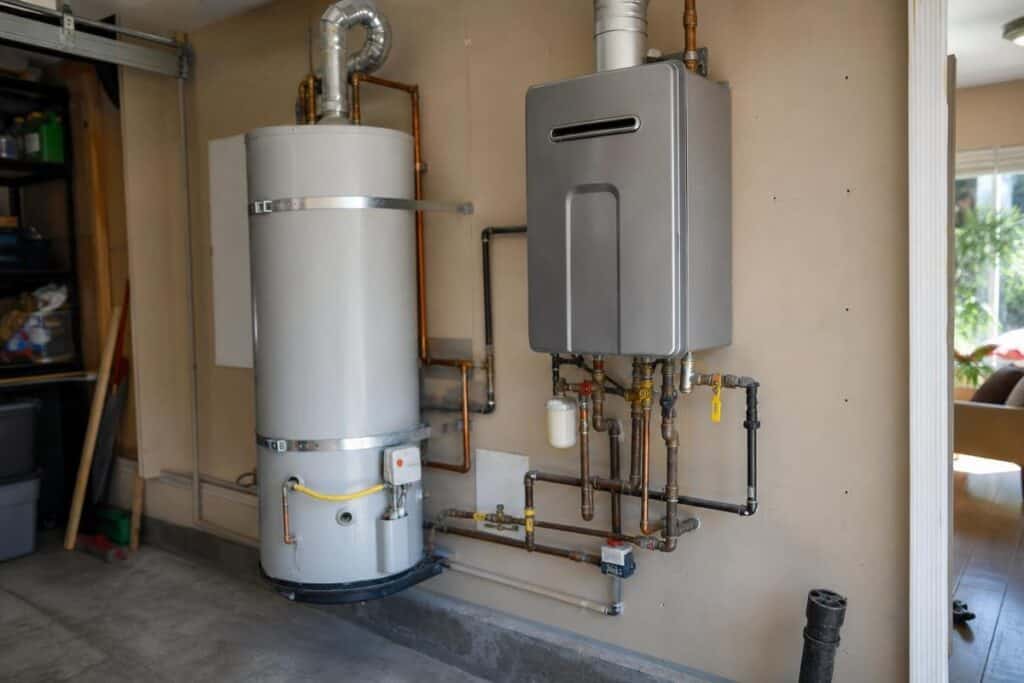 A tank water heater and a tankless water heater are installed side by side on a garage wall with visible pipes and connections.