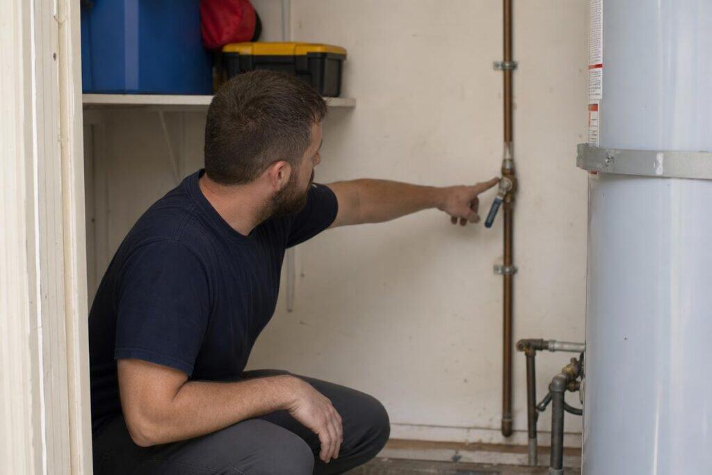 A man in a dark shirt kneels and points at a valve on a vertical pipe inside a utility room, near a water heater.