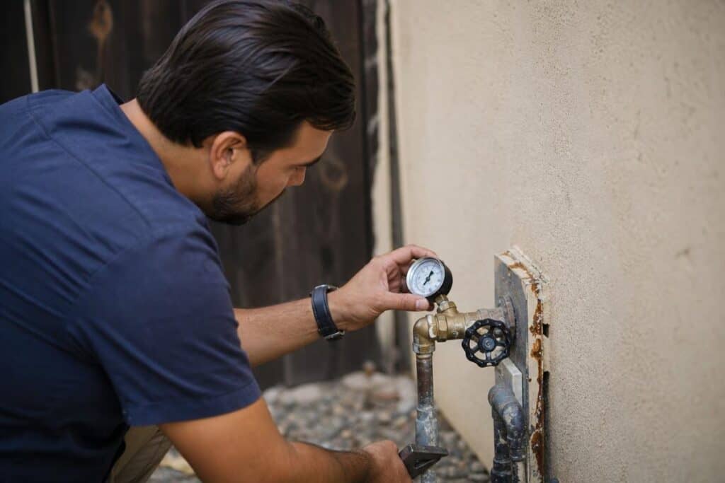 A man checks a pressure gauge attached to a plumbing pipe system outside a building.