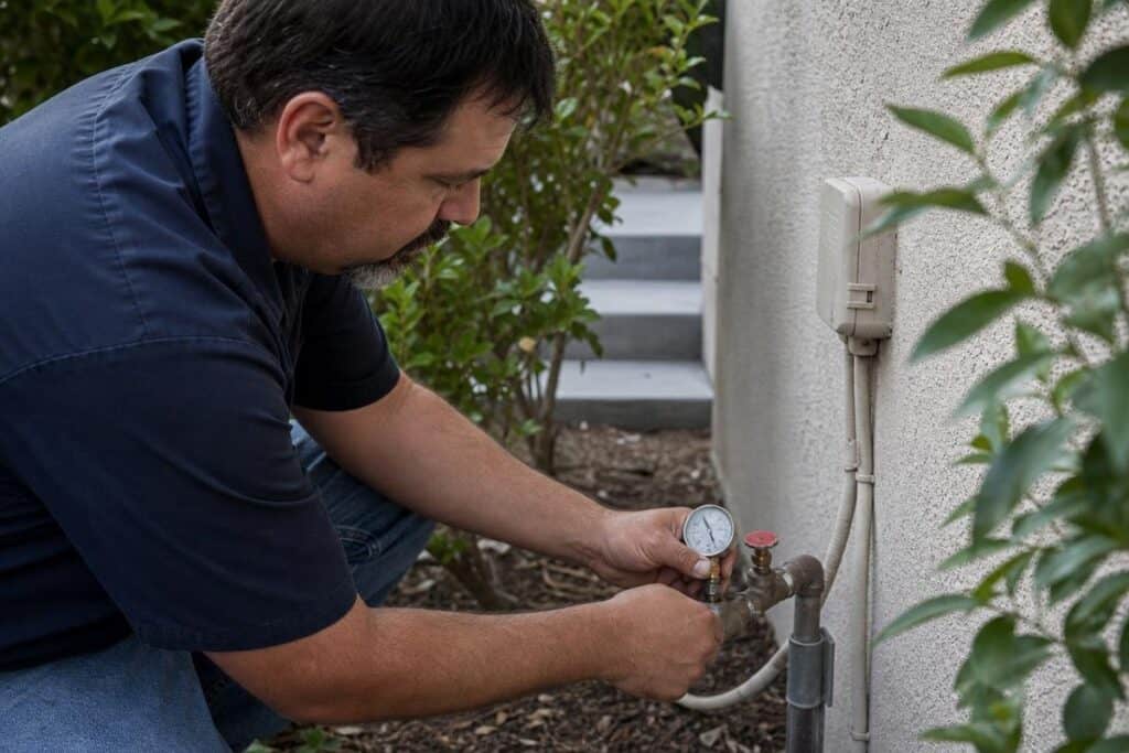 A man checks the water pressure of an outdoor faucet using a pressure gauge attached to the spigot next to a building.