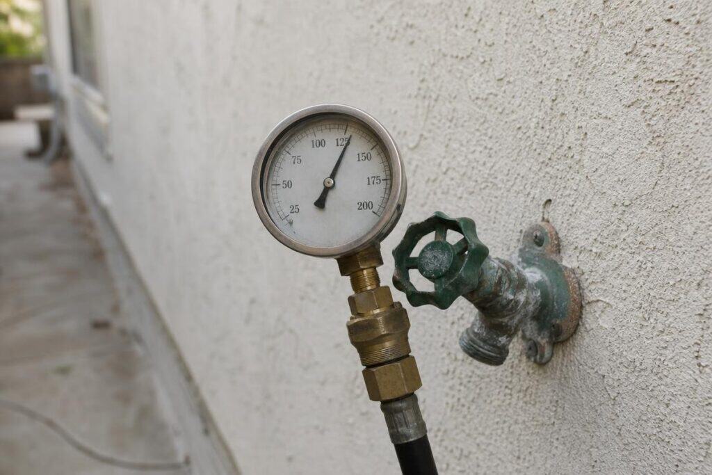 A pressure gauge attached to an outdoor faucet on a stucco wall, displaying a reading slightly above 50 psi.