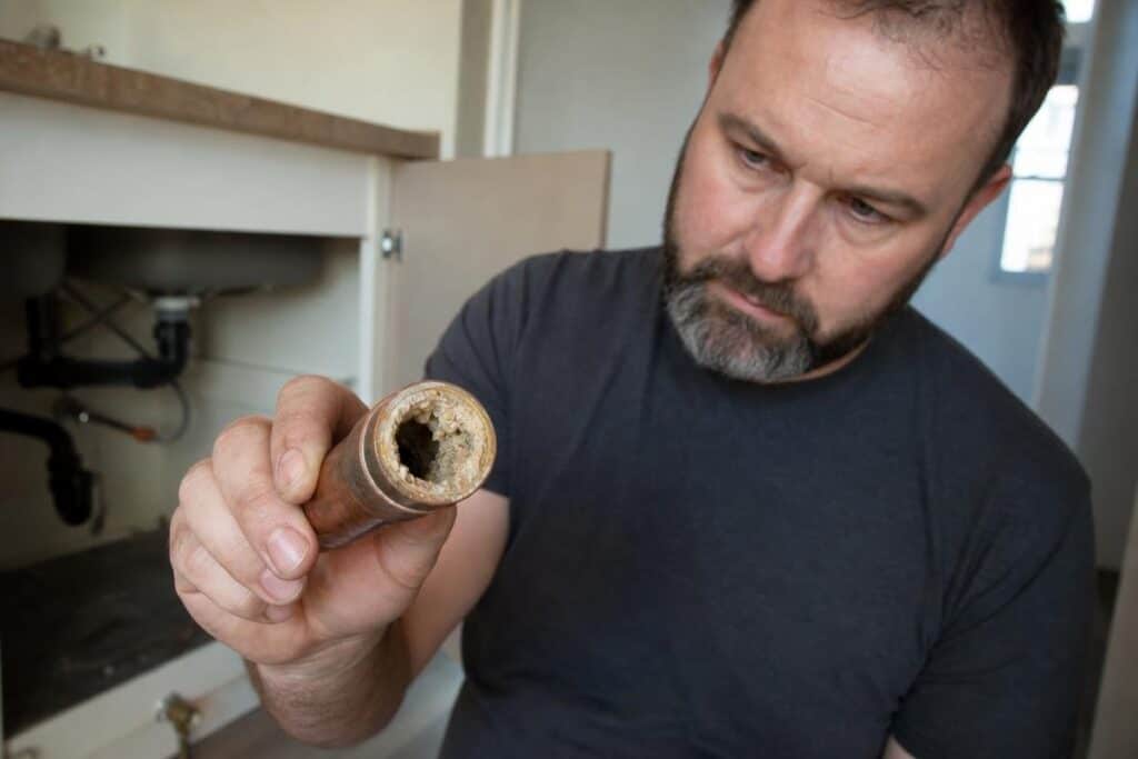 A man examines a clogged, mineral-encrusted pipe in a kitchen, standing in front of an open cabinet under the sink.