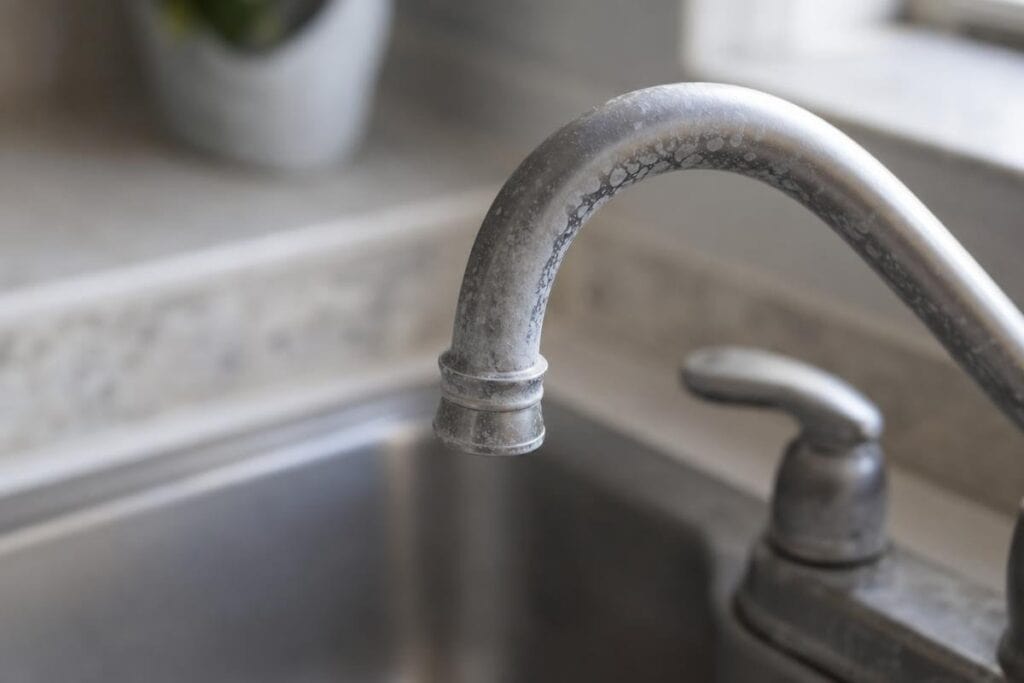 Close-up of a kitchen faucet with visible white hard water stains and mineral buildup on the metal surface.