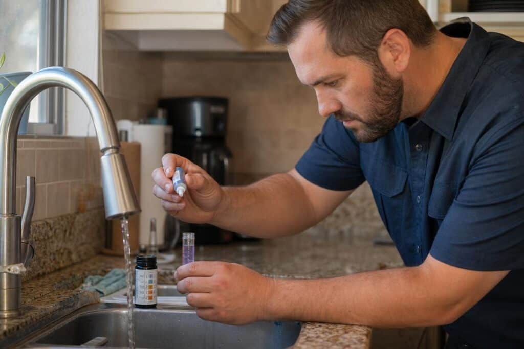 A man in a kitchen tests water from a faucet using a test kit, dropping solution into a test tube above the sink.