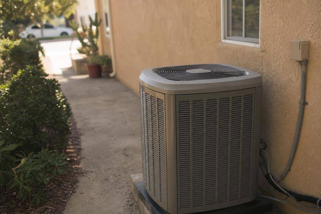 A central air conditioning unit is installed outside against a tan stucco wall, with plants and a sidewalk nearby on a sunny day.