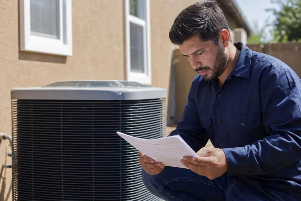 A man in a blue shirt kneels next to an outdoor air conditioning unit, reading a document, near a tan-colored house.