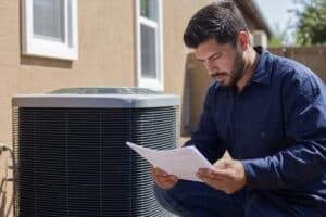 A man in a blue shirt kneels next to an outdoor air conditioning unit, reading a document, near a tan-colored house.