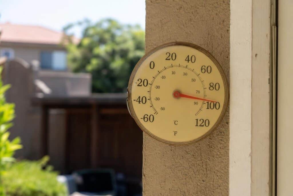A round outdoor thermometer attached to a wall shows a temperature of about 92 degrees Fahrenheit. The background includes trees and blurred buildings.