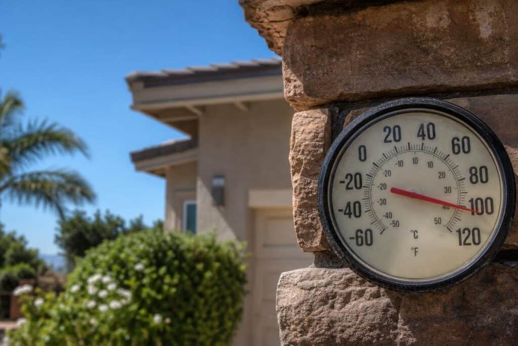 Analog outdoor thermometer shows about 98°F, mounted on a stone wall with a house, palm tree, and blue sky in the background.