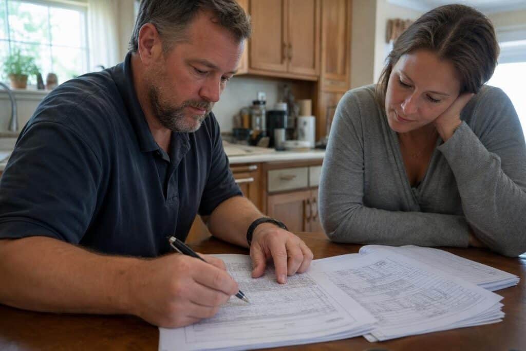A man and a woman sit at a kitchen table reviewing and discussing documents, with the man writing on the papers.