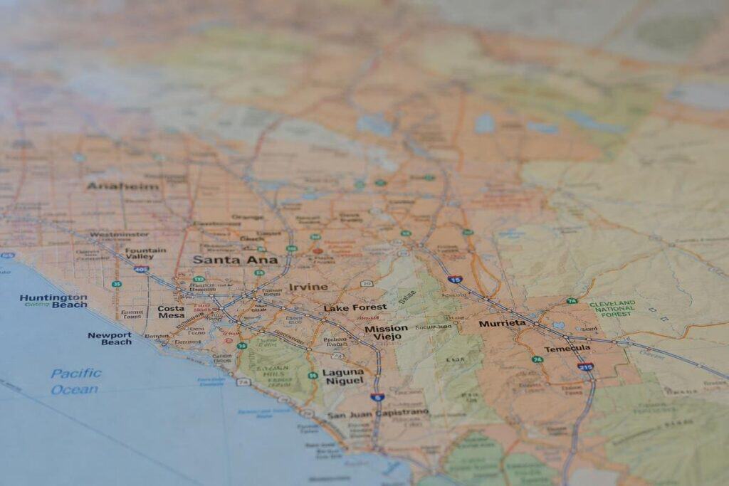 A close-up of a map showing cities in Southern California, including Santa Ana, Irvine, Anaheim, and nearby highways.