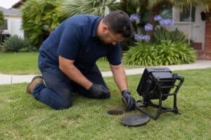 A man in work clothes kneels on grass, inspecting an open ground access point with a cable and inspection camera next to him, near a residential house.
