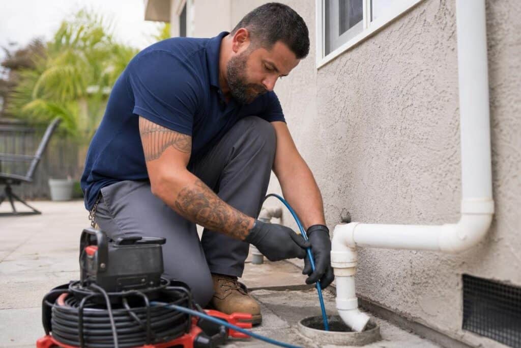 A man in workwear inserts a cable into an outdoor drain pipe beside a house, with plumbing equipment on the ground next to him.