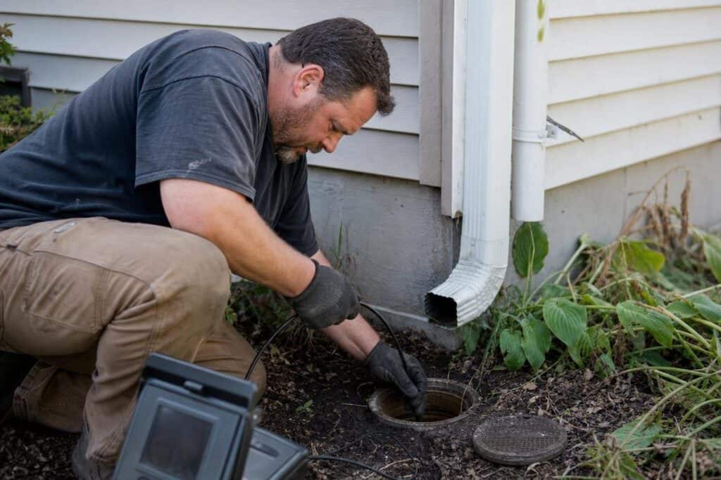 A man inspects a drain pipe outside a house using a camera cable, near a downspout and garden plants.