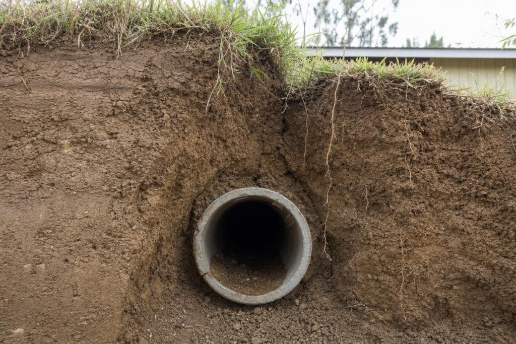 A concrete drainage pipe is exposed in a dirt embankment, with grass growing on top and a building visible in the background.