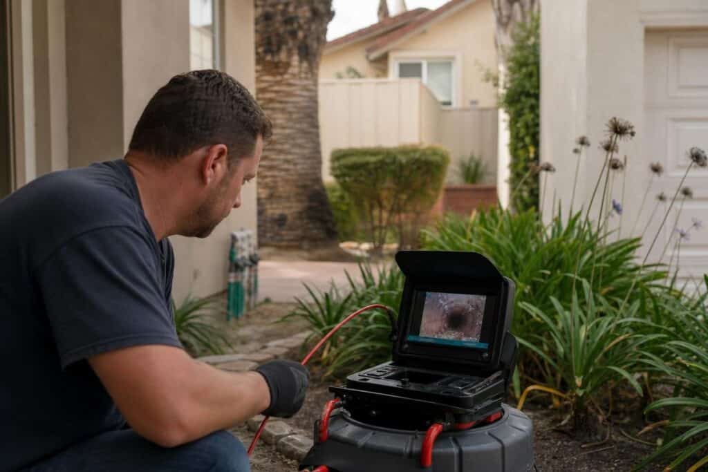 A man operates a sewer inspection camera outside a house, watching footage of a pipe’s interior on a portable monitor.